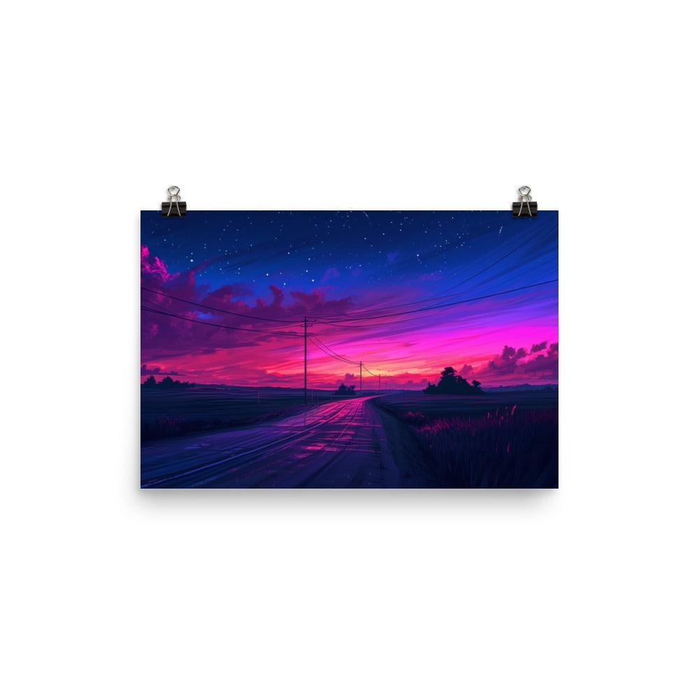 Dusk Road with Electricity Poles Vivid Digital Poster - Oh Posters