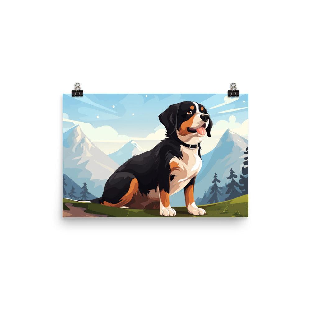 Entlebucher Mountain Dog Cartoon Mountainscape Poster - Oh Posters