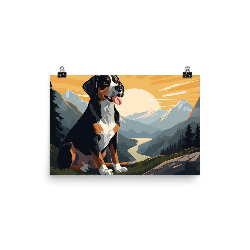 Entlebucher Mountain Dog Sunset Cartoon Scenery Poster - Oh Posters