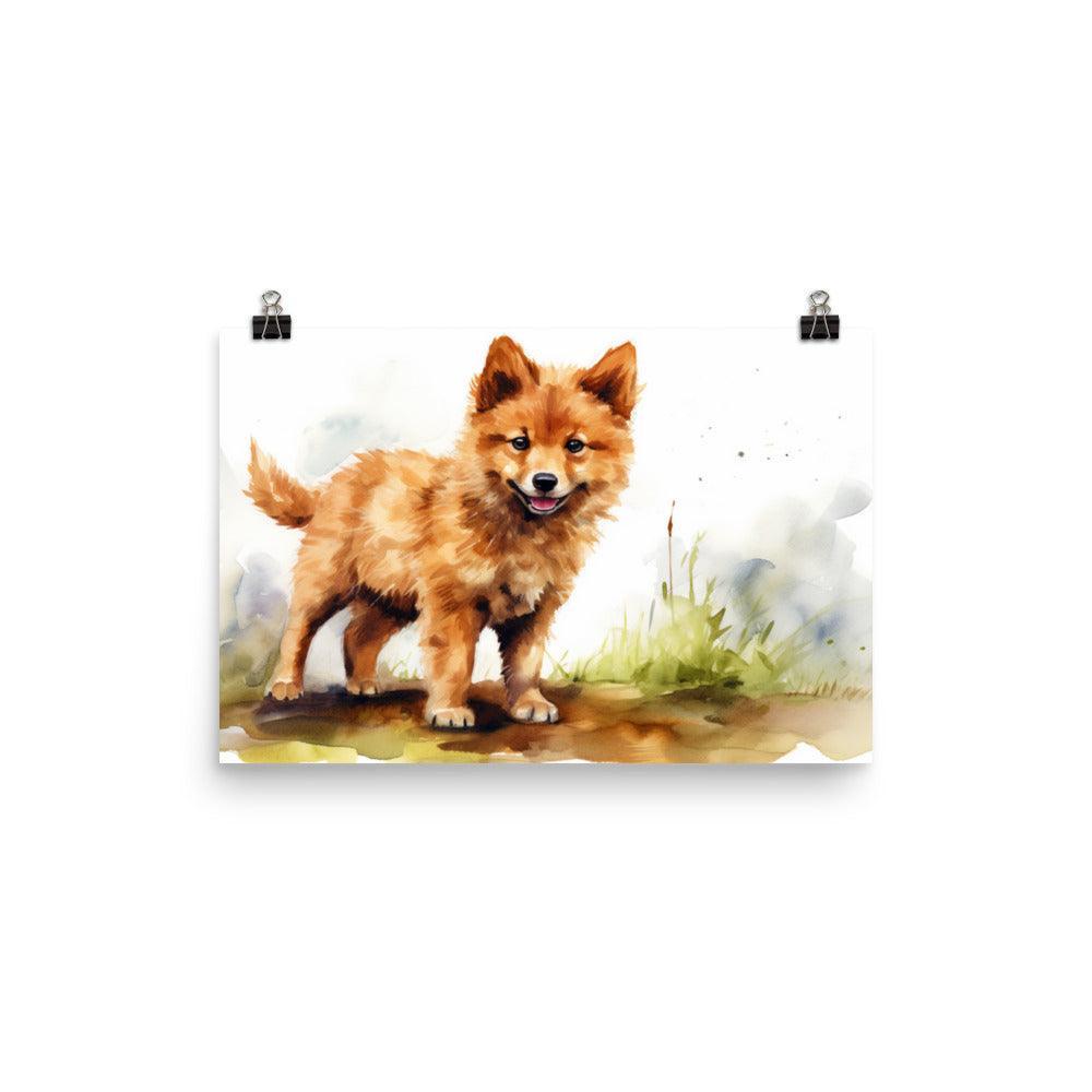 Finnish Spitz Puppy Playful Watercolor Art Poster - Oh Posters