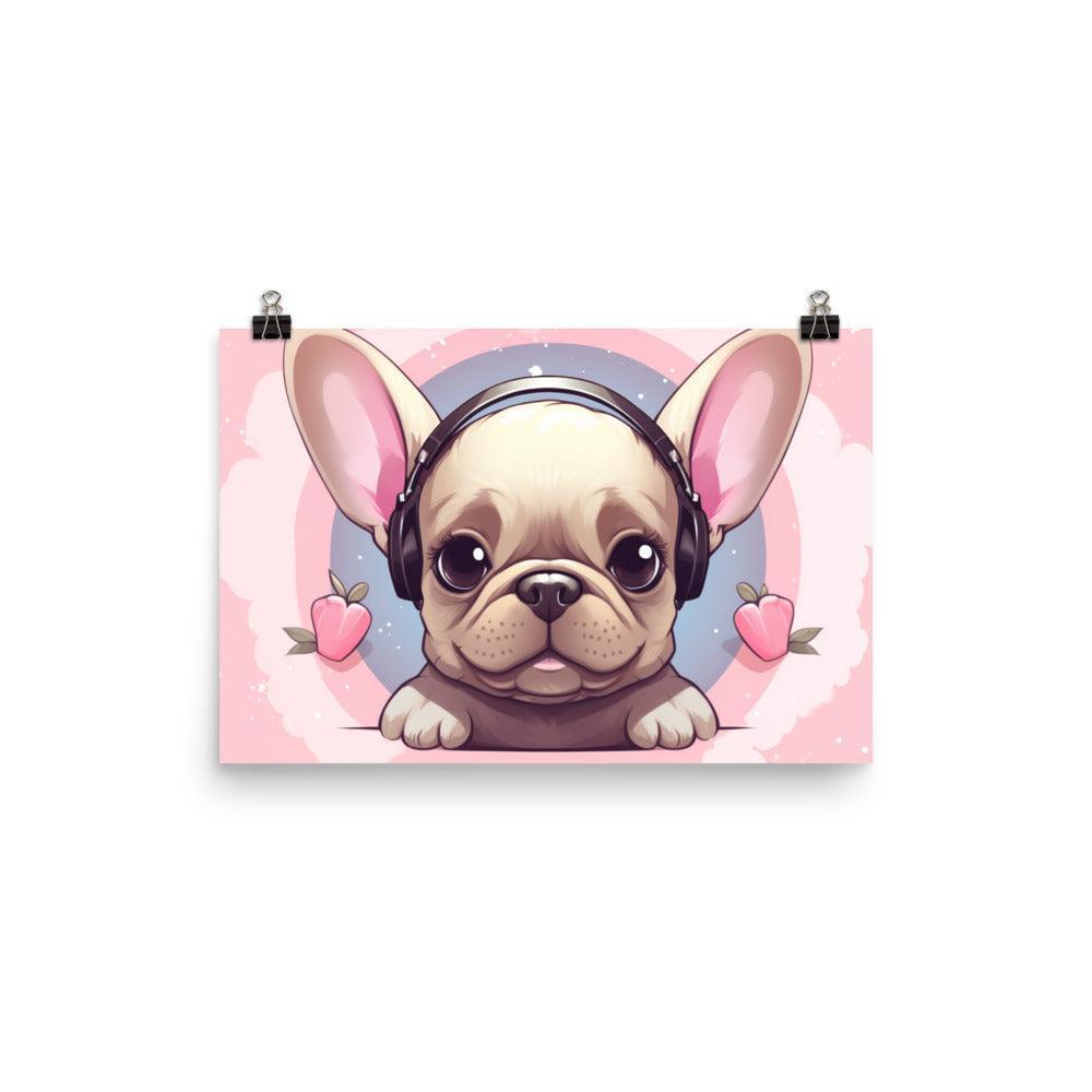 Fawn French Bulldog with Headphones Cute Pink Poster - Oh Posters