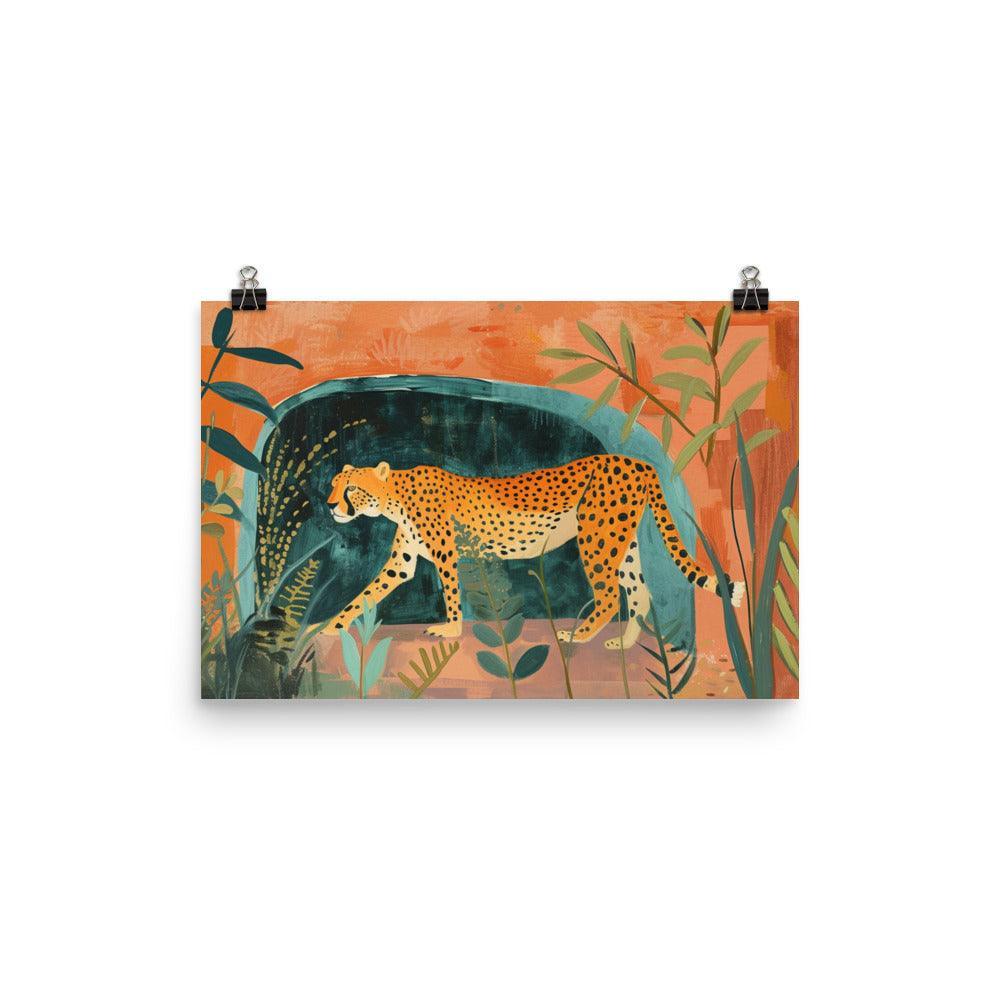 Serene Cheetah Orange Hues Nature Painting Poster - Oh Posters