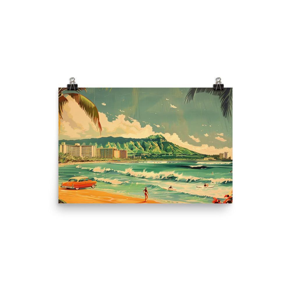 Classic Surfing Waikiki Retro Car Beach Scene Poster - Oh Posters