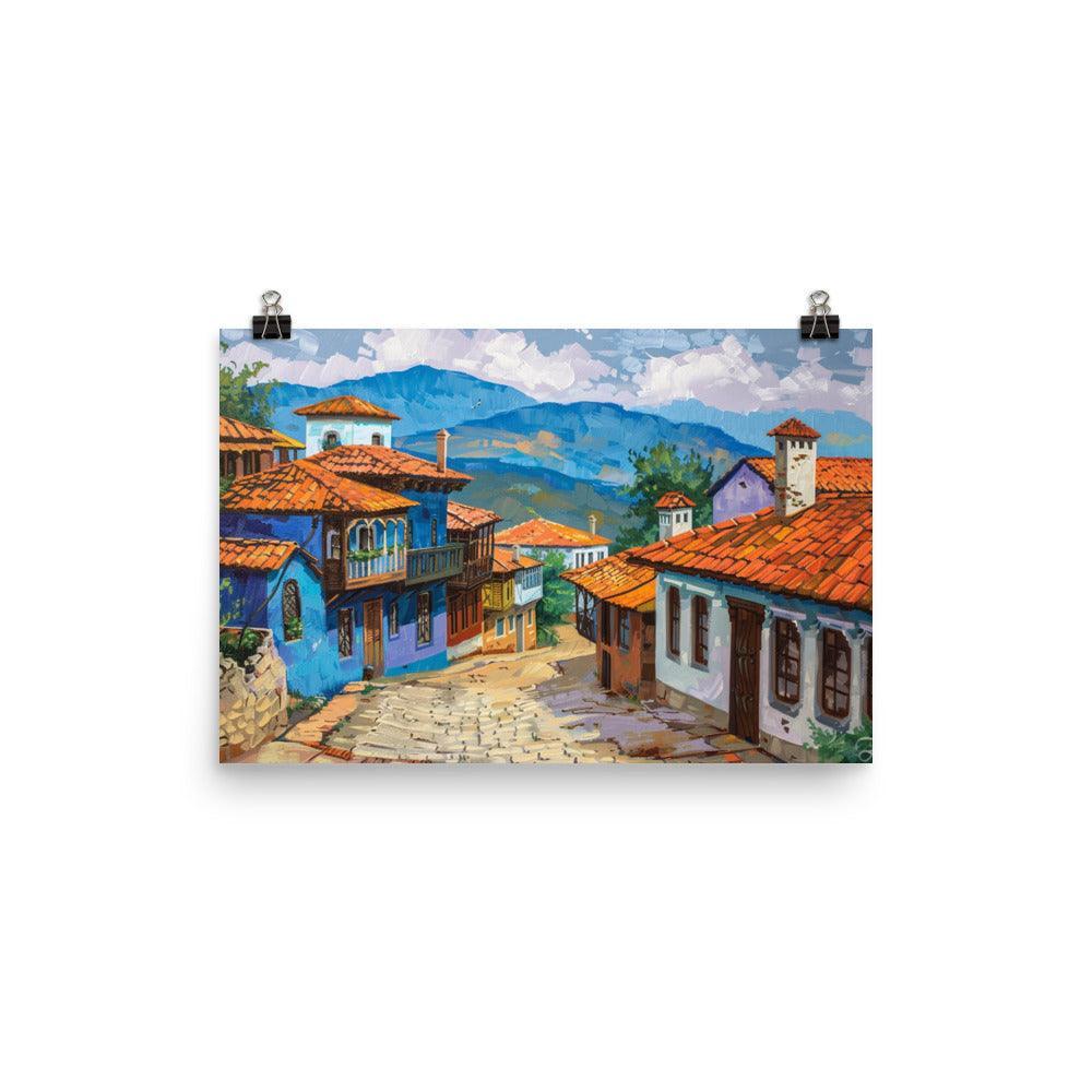 Bulgarian Village Blue Houses Oil Painting Poster - Oh Posters