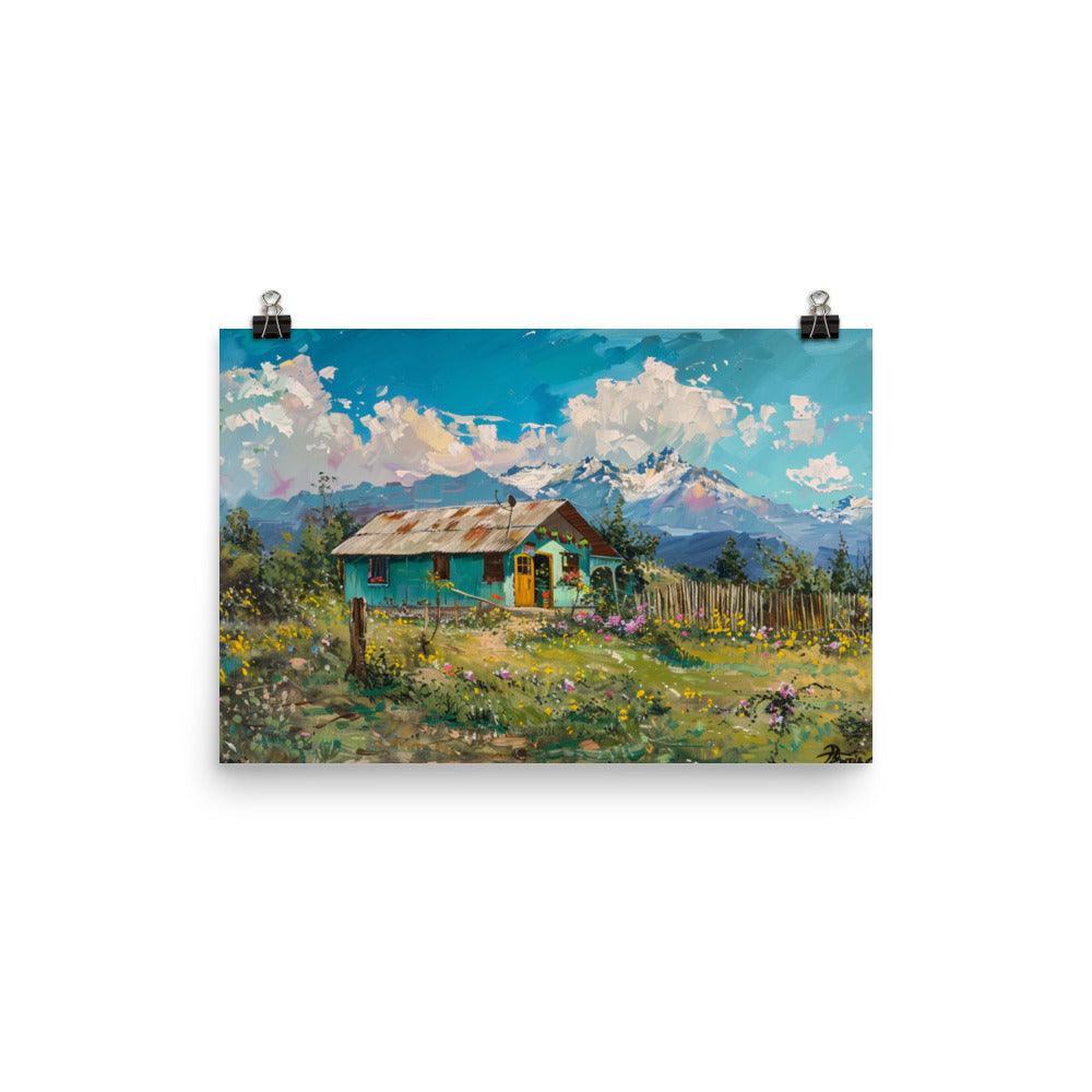 Chile Scenic Mountain Landscape with Colorful Cabin Oil Painting Poster - Oh Posters