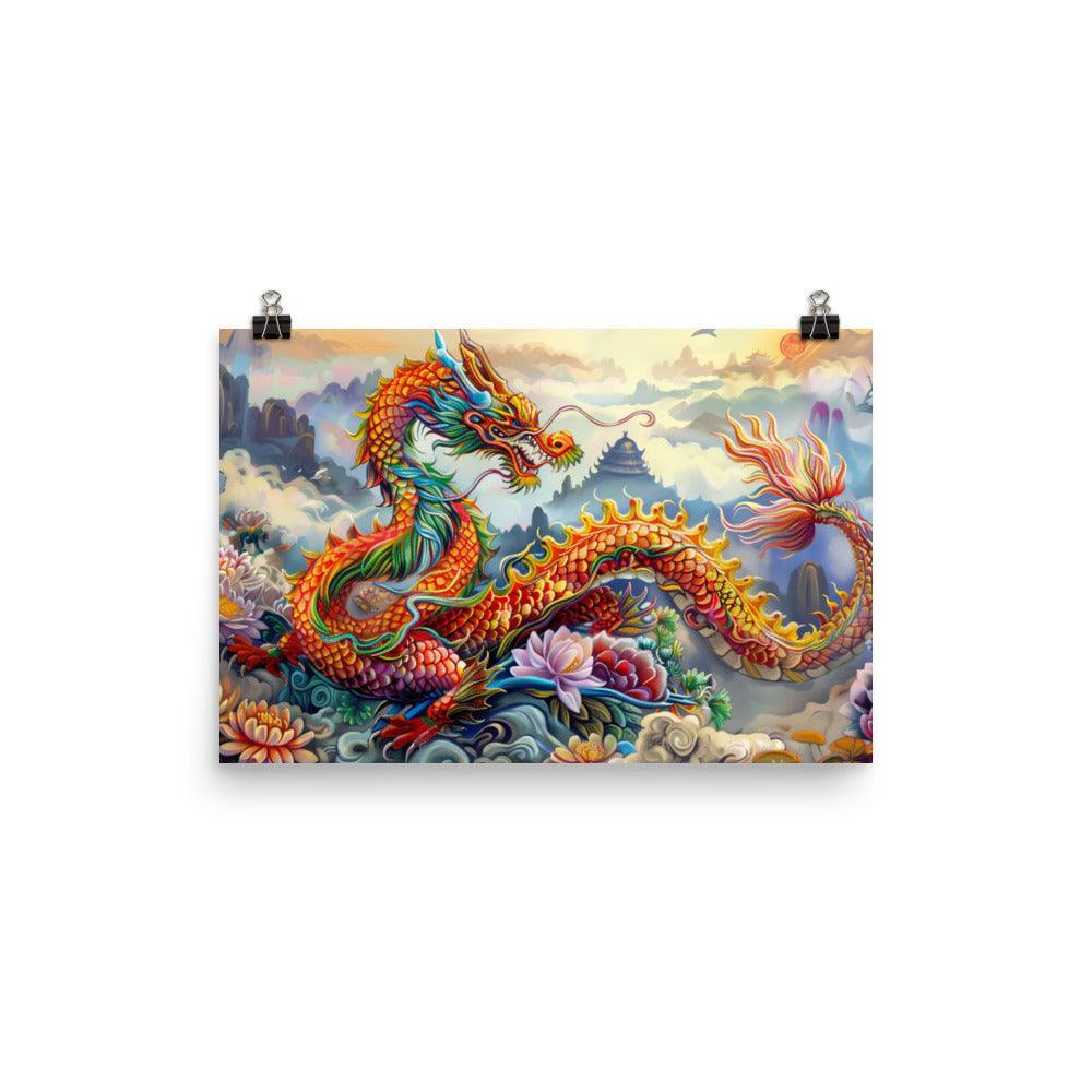 China Vibrant Dragon and Floral Fantasy Art Poster - Oh Posters