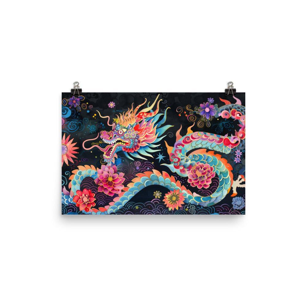 China Mythical Dragon and Night Blossoms Poster - Oh Posters