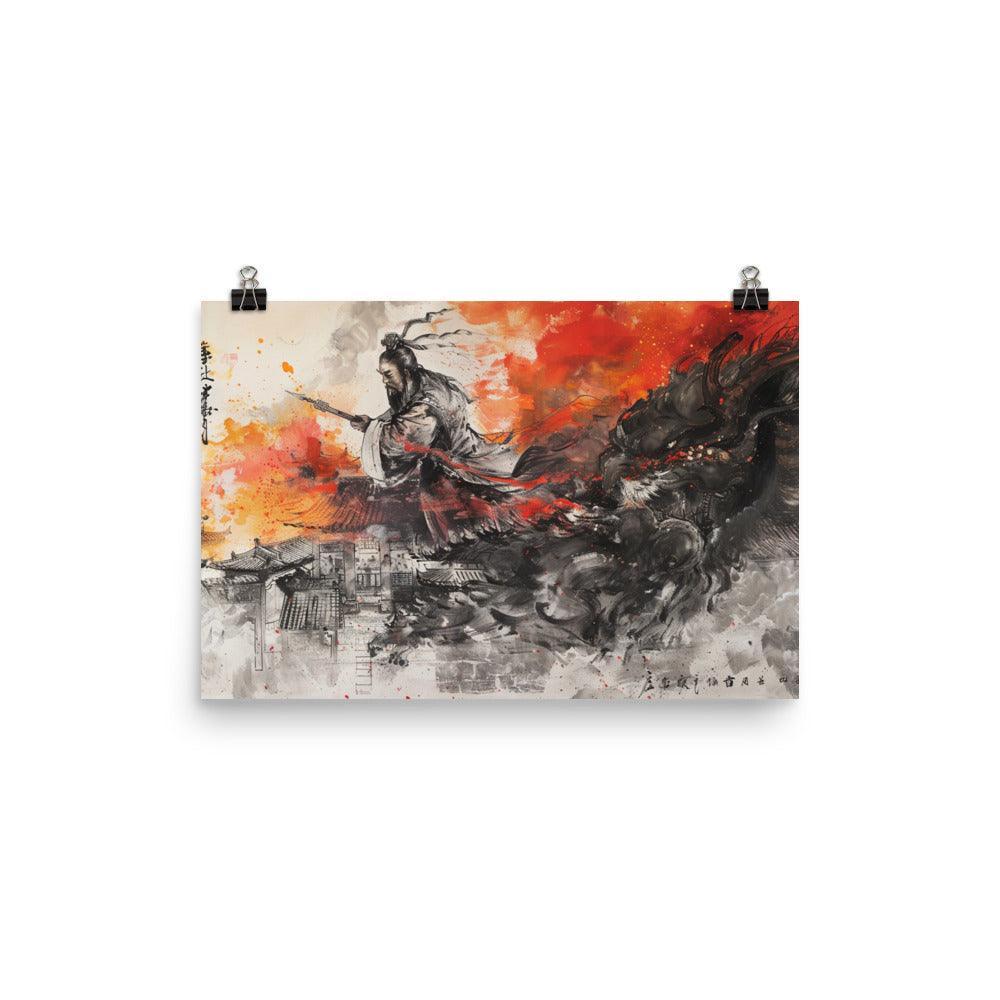 China Ancient Warrior and Dragon Battle Ink Painting Poster - Oh Posters