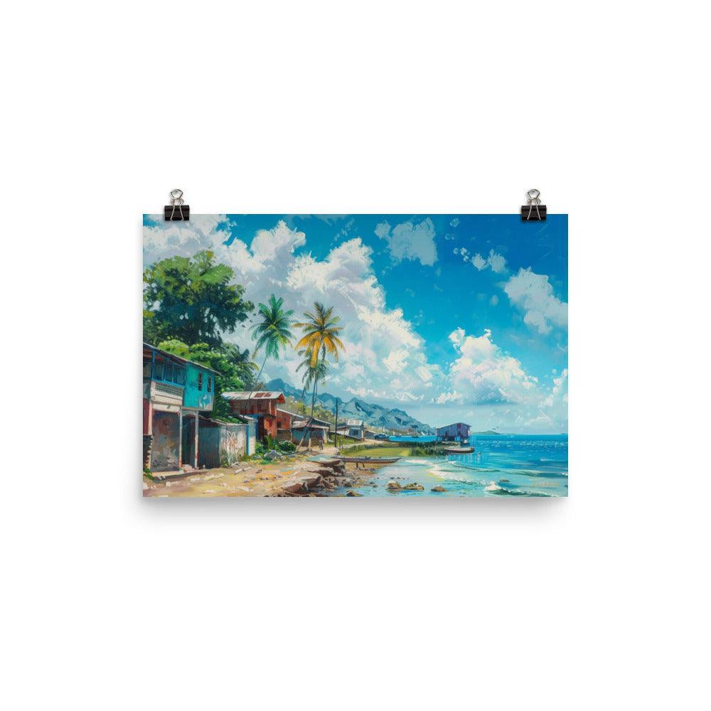 Comoros Seaside Village with Boats Scenic Artwork Poster - Oh Posters