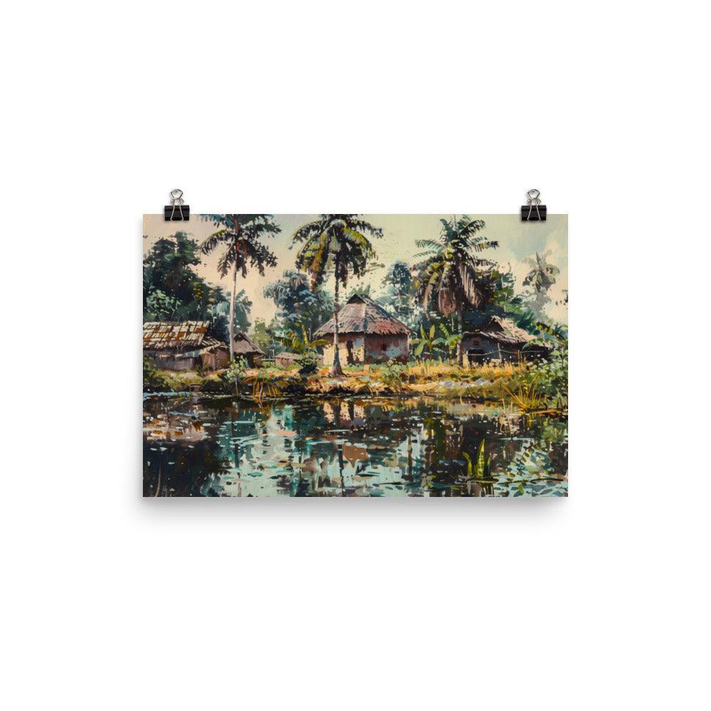 Côte d’Ivoire Riverside Village Tropical Painting Poster - Oh Posters