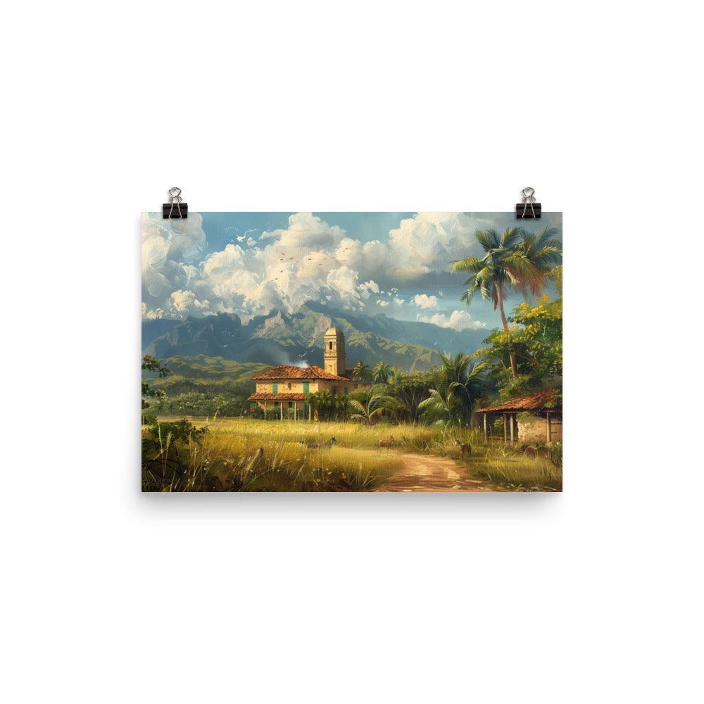 Cuba Rural Landscape with Church and Mountains Painting Poster - Oh Posters