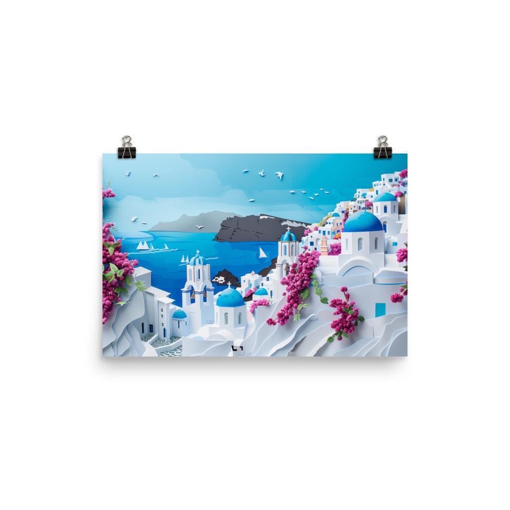 Greece Santorini Blooming Flowers Coastal Scene Poster - Oh Posters