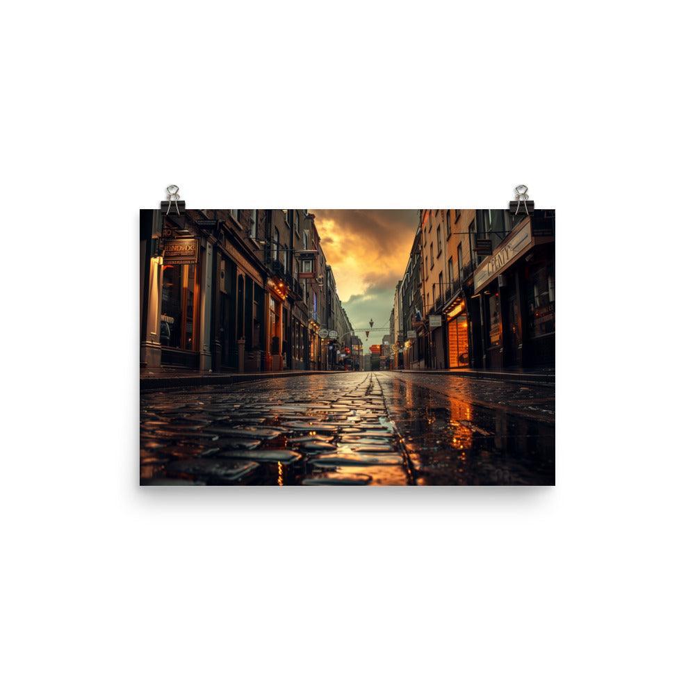 Ireland Rainy Cobblestone Street Evening Poster - Oh Posters