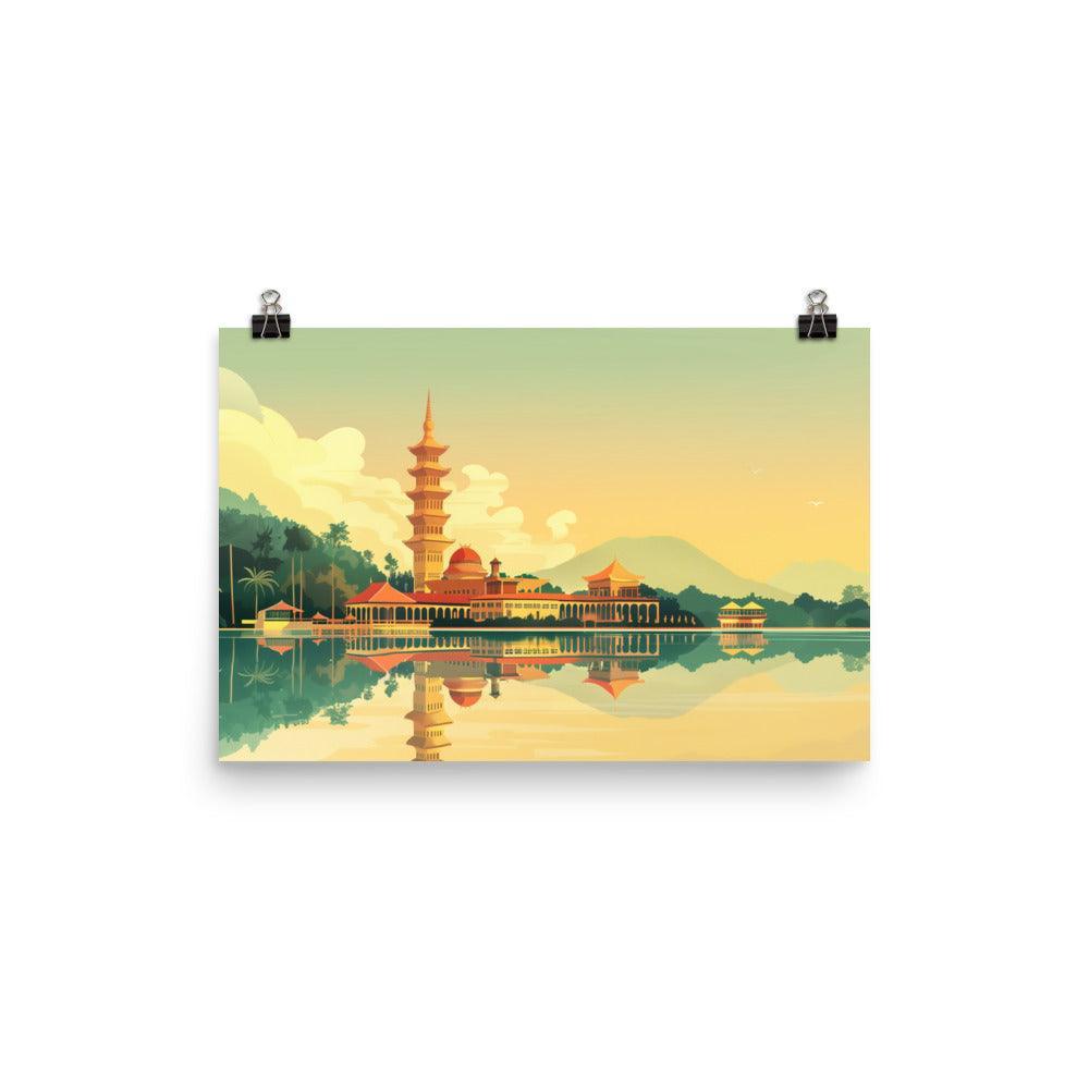 Malaysia Tranquil Pagoda Lakeside Reflection Poster - Oh Posters