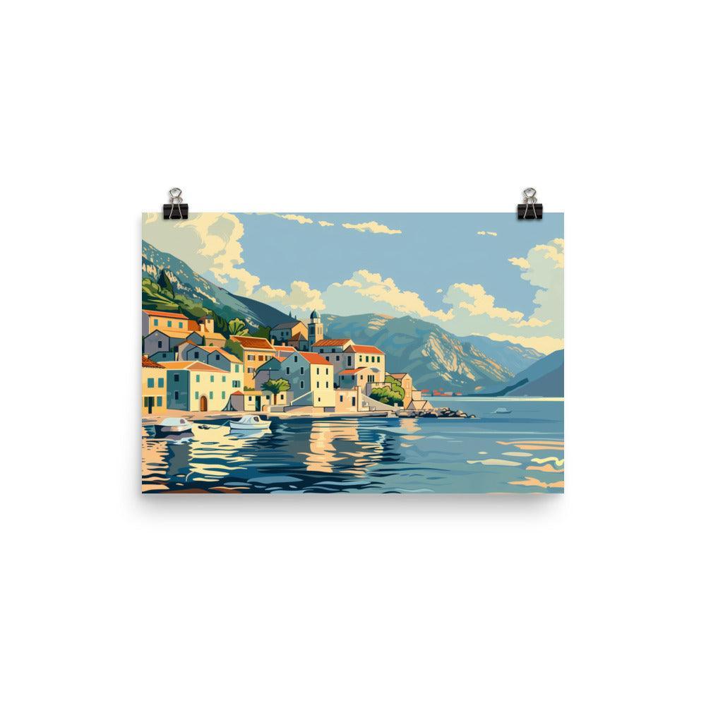 Montenegro Seaside Village Boats Mountain View Poster - Oh Posters