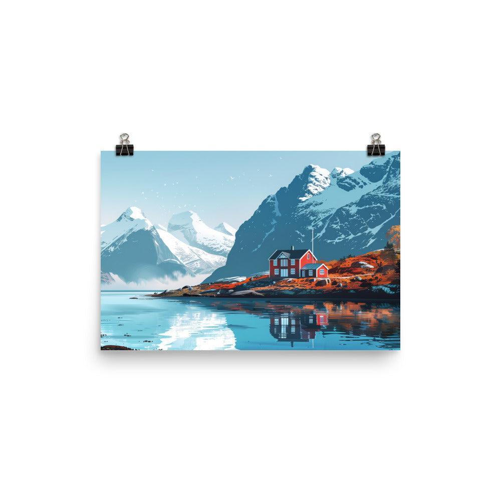 Norway Fjordside Cottage in Snowy Mountains Poster - Oh Posters