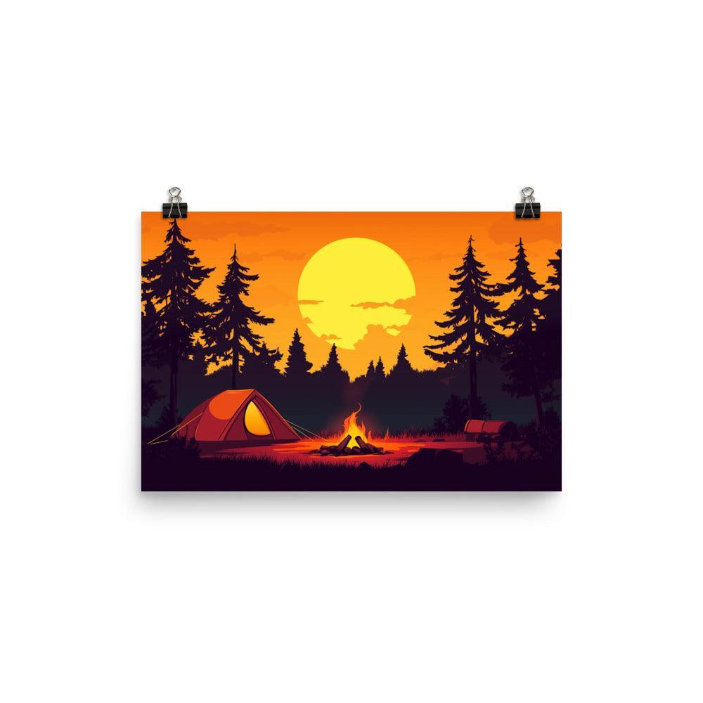 Forest Campfire Under Sunset Adventure Illustration Art Poster - Oh Posters