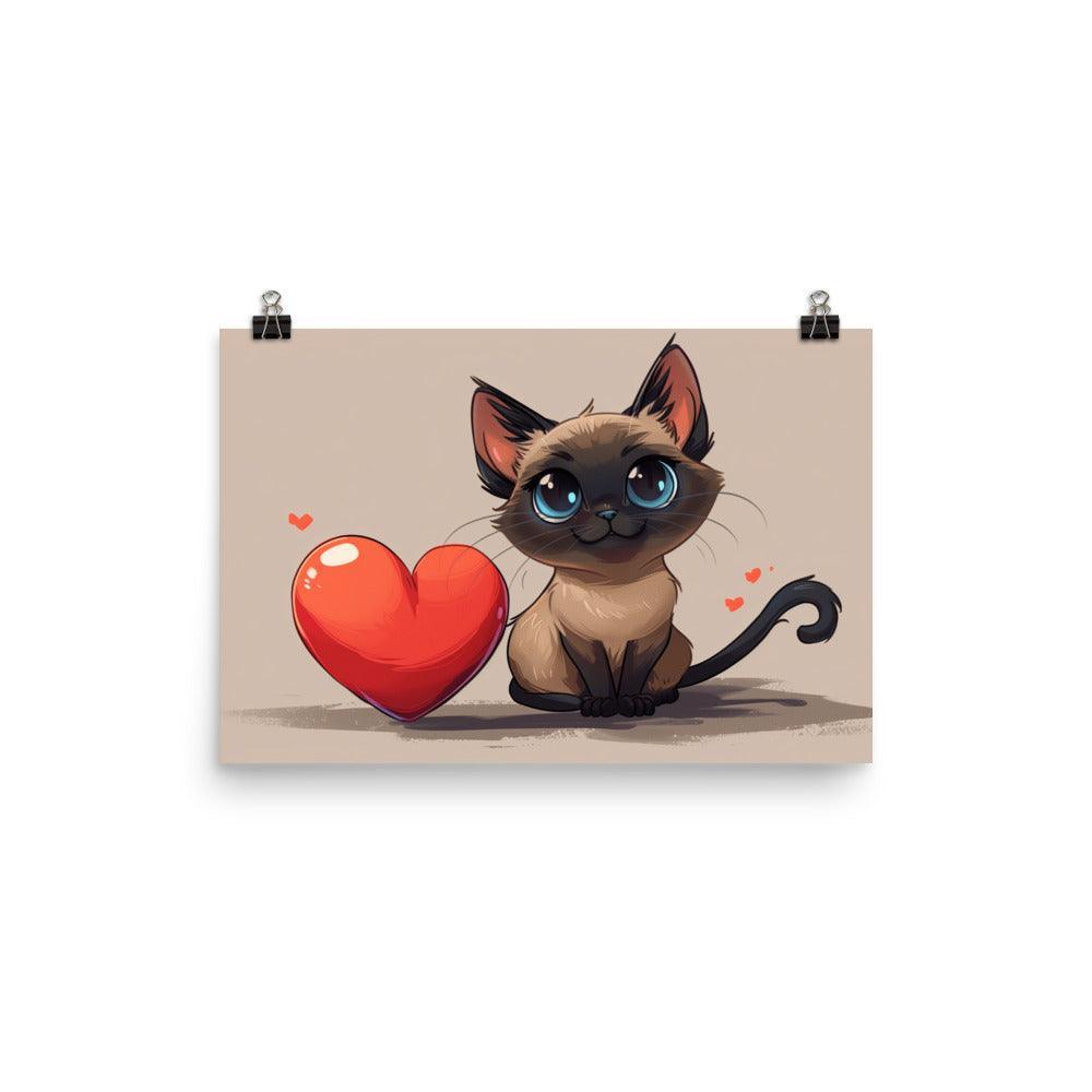 Cute Siamese Cat Cartoon Love Heart Illustration Poster - Oh Posters