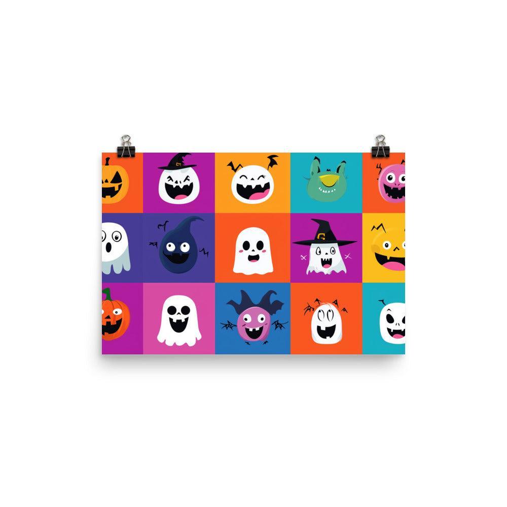 Halloween Cartoon Character Faces with Colorful Backgrounds Poster - Oh Posters