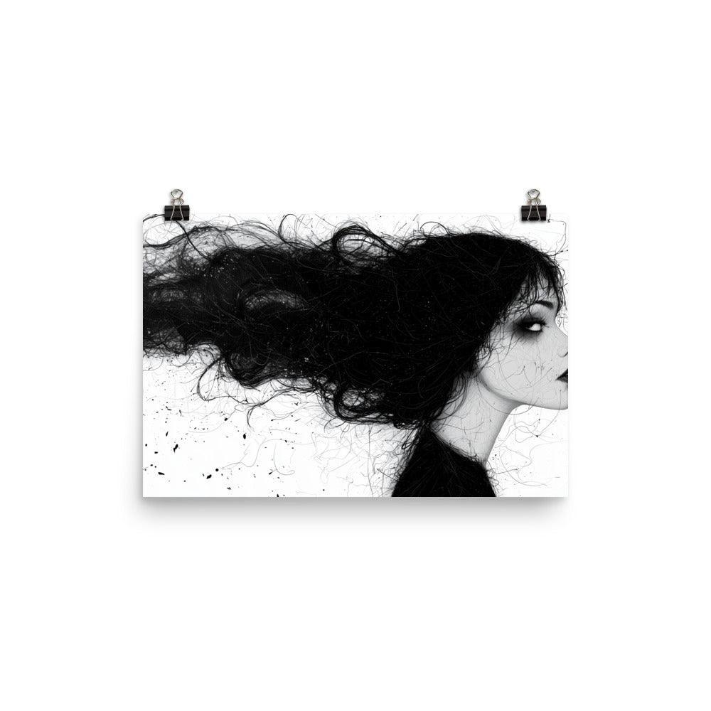 Female Silhouette with Dramatic Hair Flow Black and White Sketch Poster - Oh Posters