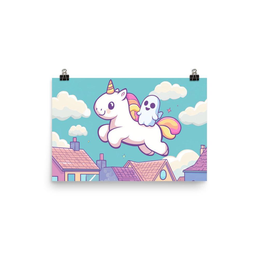 Kawaii Unicorn and Ghost Floating Above Colorful Town Digital Art Poster - Oh Posters