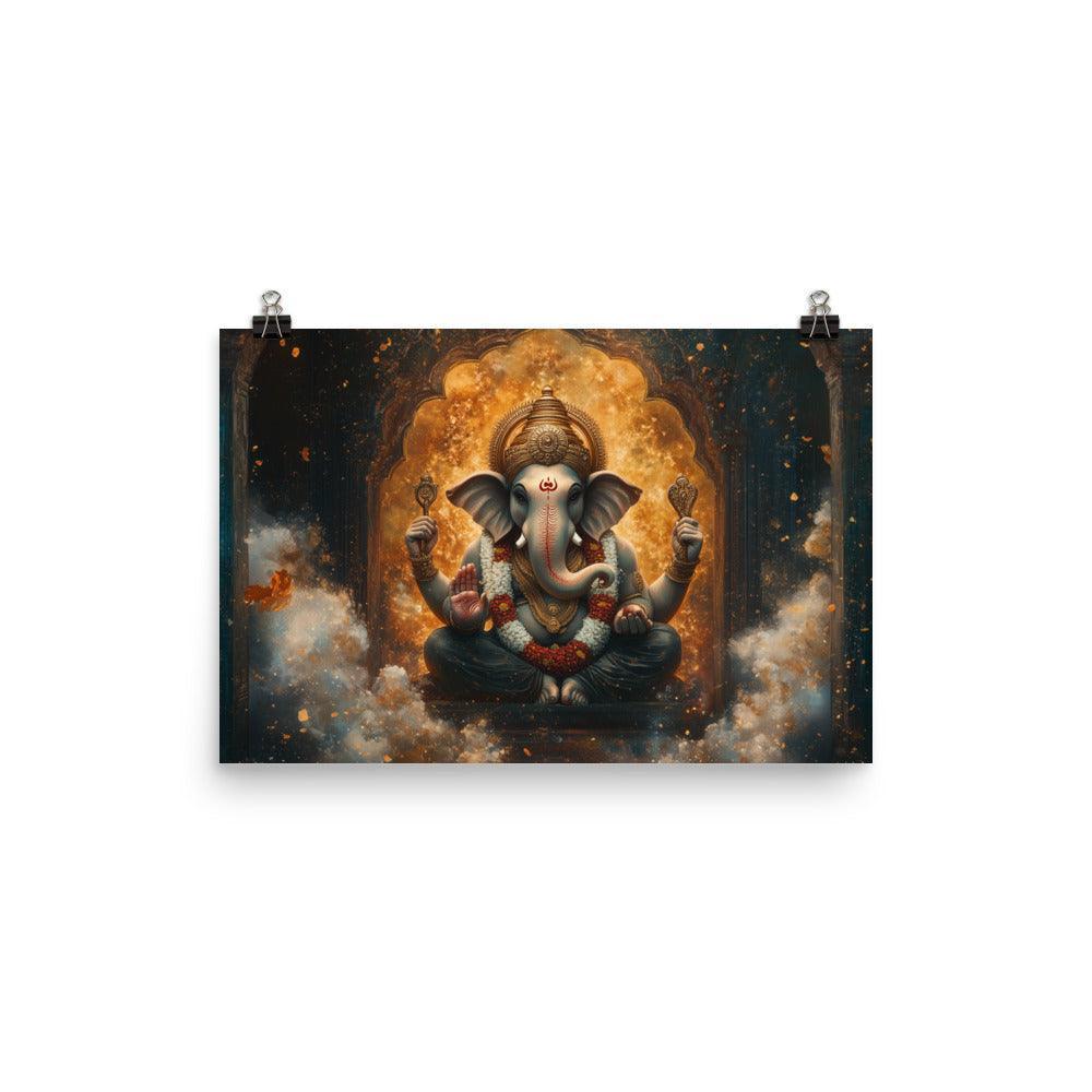 Ganesh in a Golden Temple with Flames Ethereal Artwork Poster - Oh Posters