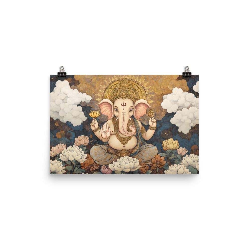 Ganesh with Lotus and Clouds Serene Indian Mythological Art Poster - Oh Posters