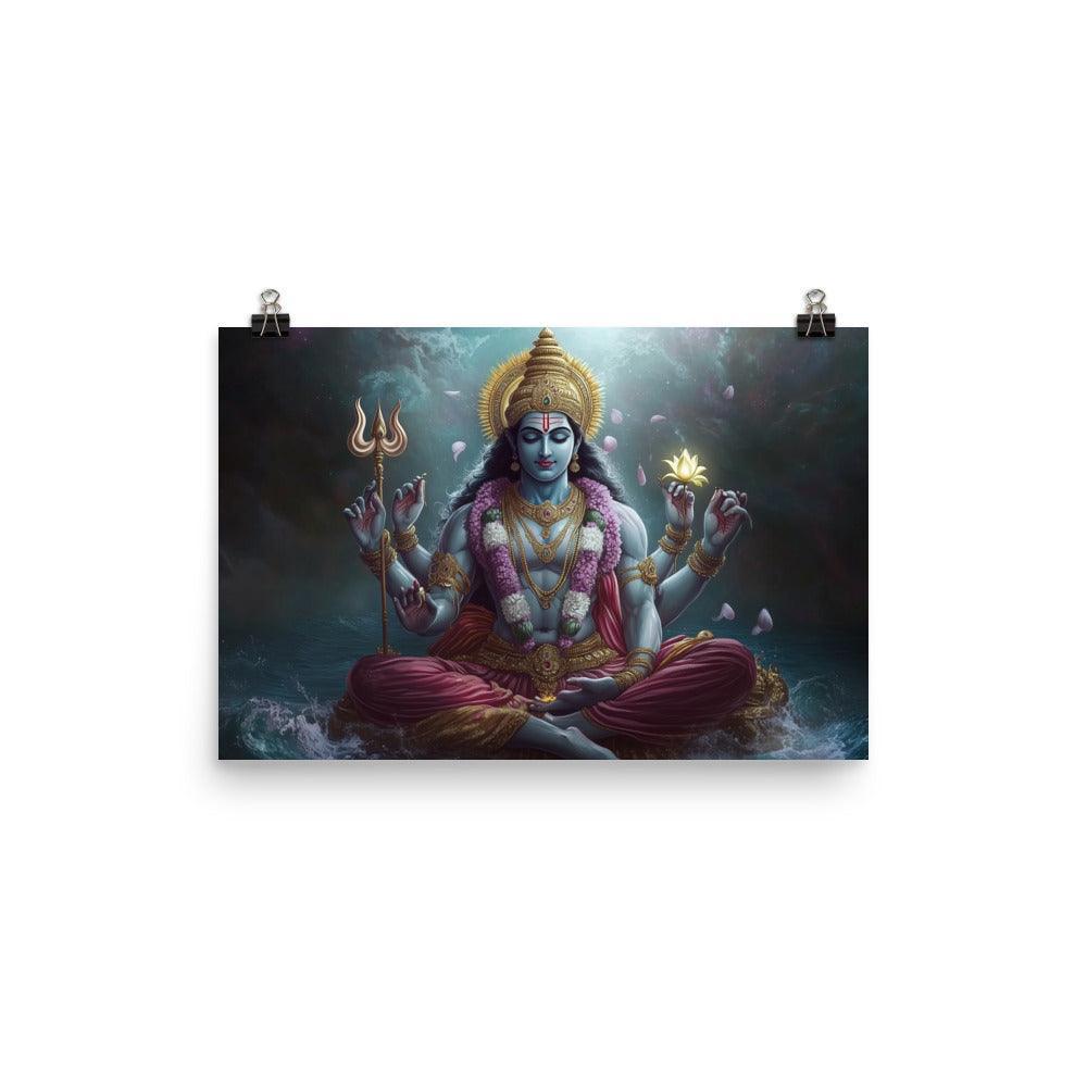 Meditative Vishnu with Trident and Lotus Divine Cosmic Illustration Poster - Oh Posters