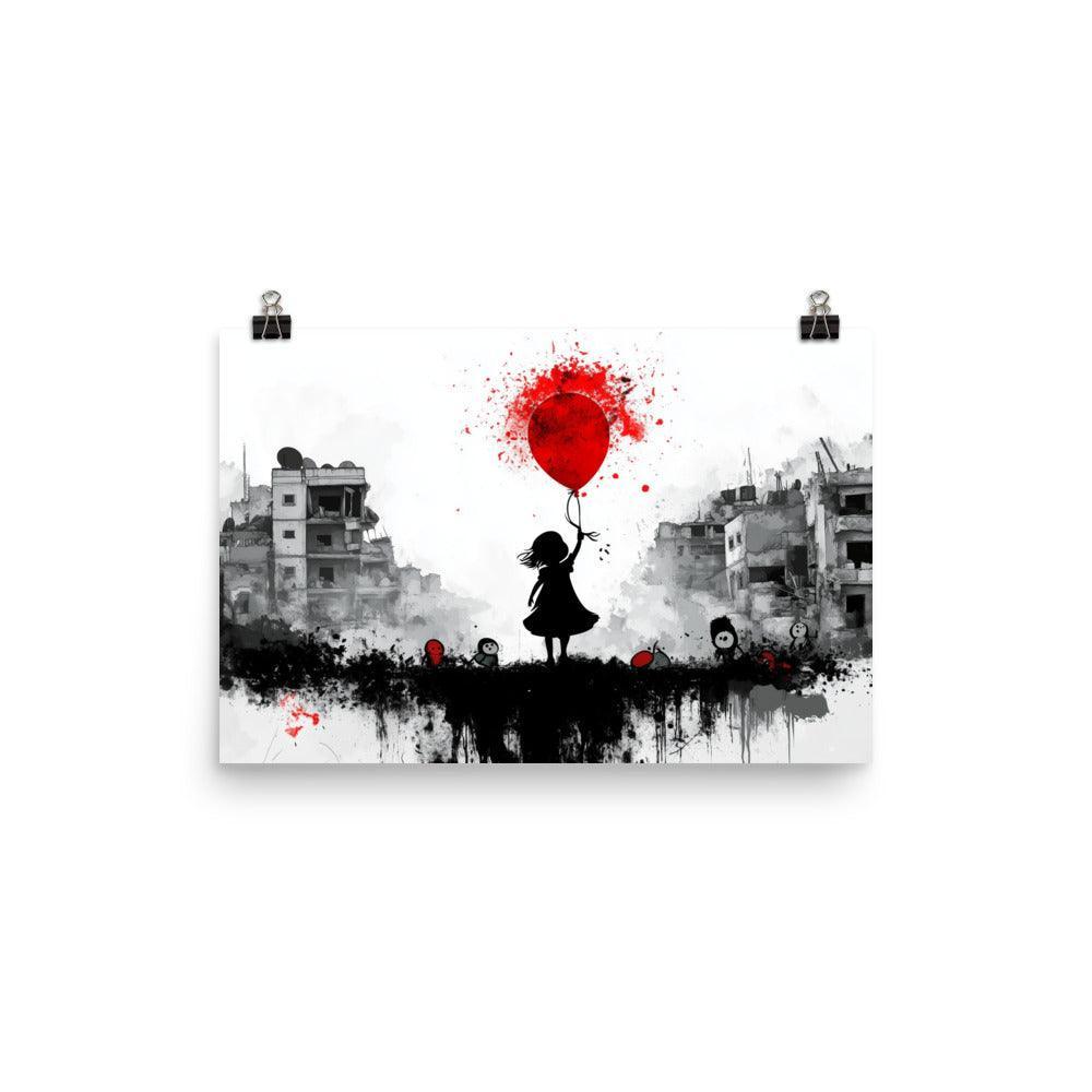 Girl with Red Balloon Amidst Urban Destruction Palestine Poster - Oh Posters