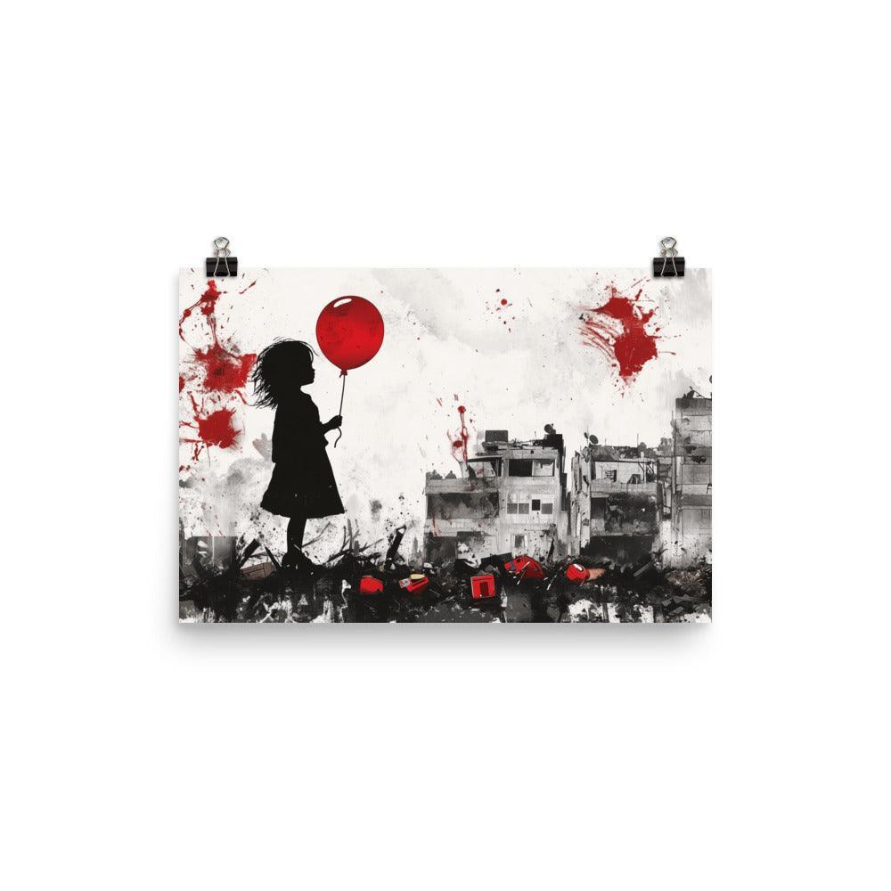 Child Holding Balloon Amidst Rubble Palestine Poster - Oh Posters