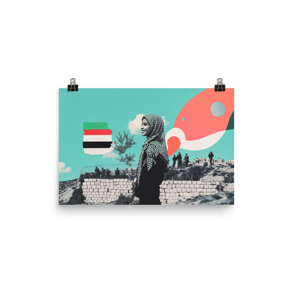 Smiling Palestinian Girl in City Pop Art Collage Poster - Oh Posters