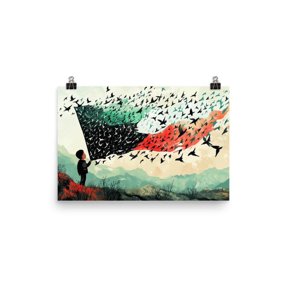 Child Holding Palestinian Flag Birds Flying Illustration Poster - Oh Posters