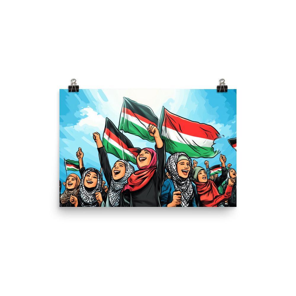 Palestinian Women Celebrating with Flags in Unity Poster - Oh Posters
