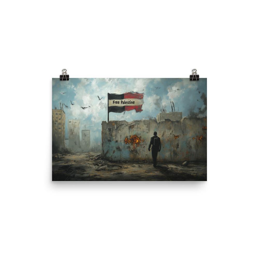 Free Palestine Flag in War-Torn Cityscape Poster - Oh Posters