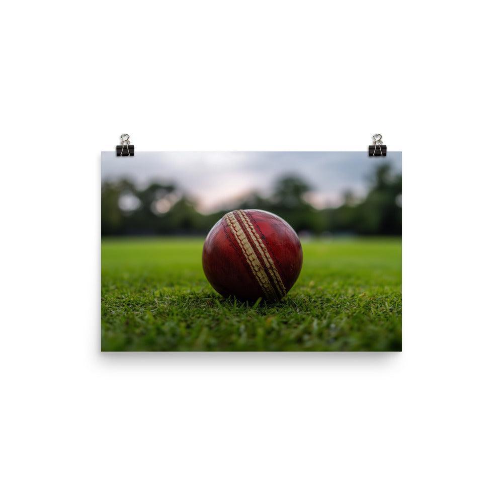 Close-Up Cricket Ball on Green Grass Field Poster - Oh Posters