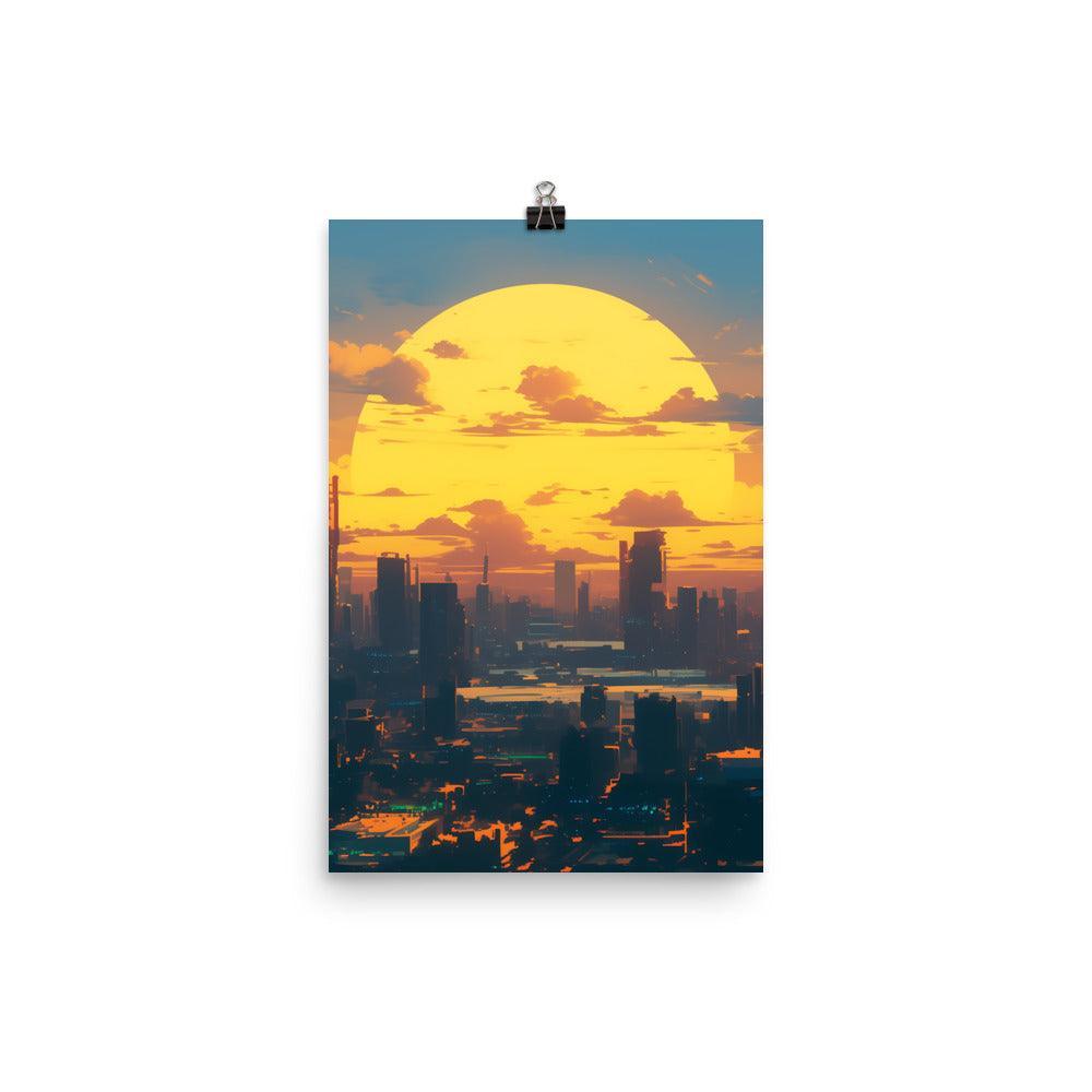 Futuristic Cityscape at Sunrise with Giant Sun and Towering Skyscrapers Digital Art Poster - Oh Posters