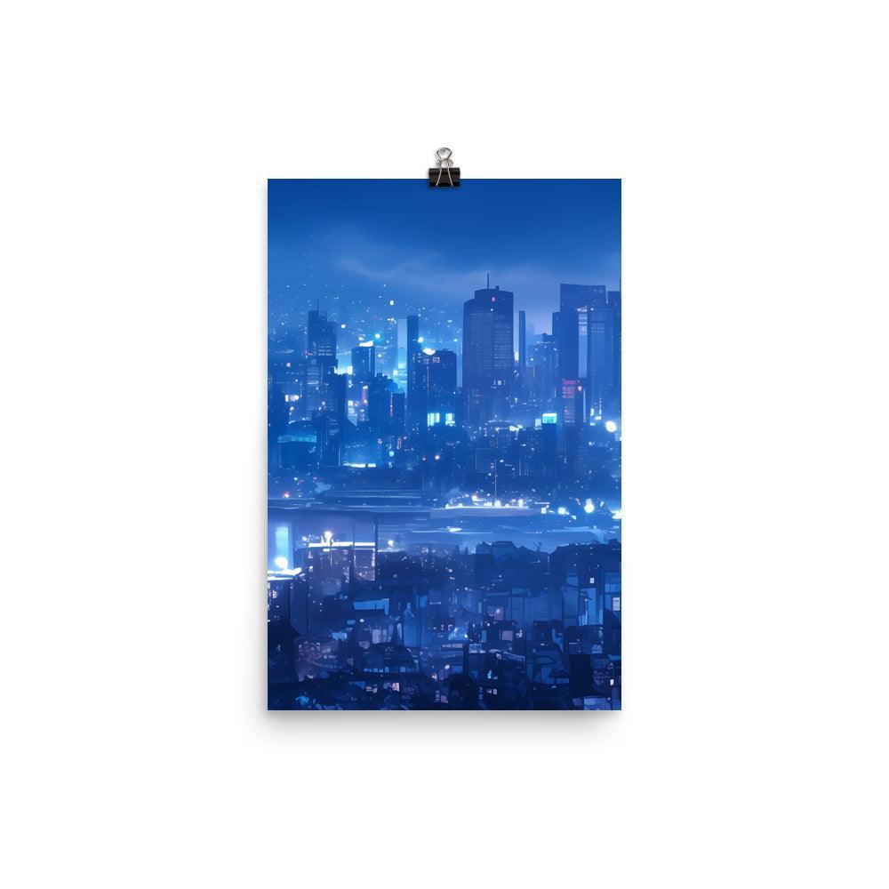 Futuristic Blue Cityscape with Neon Signs and Modern Architecture Art Poster - Oh Posters