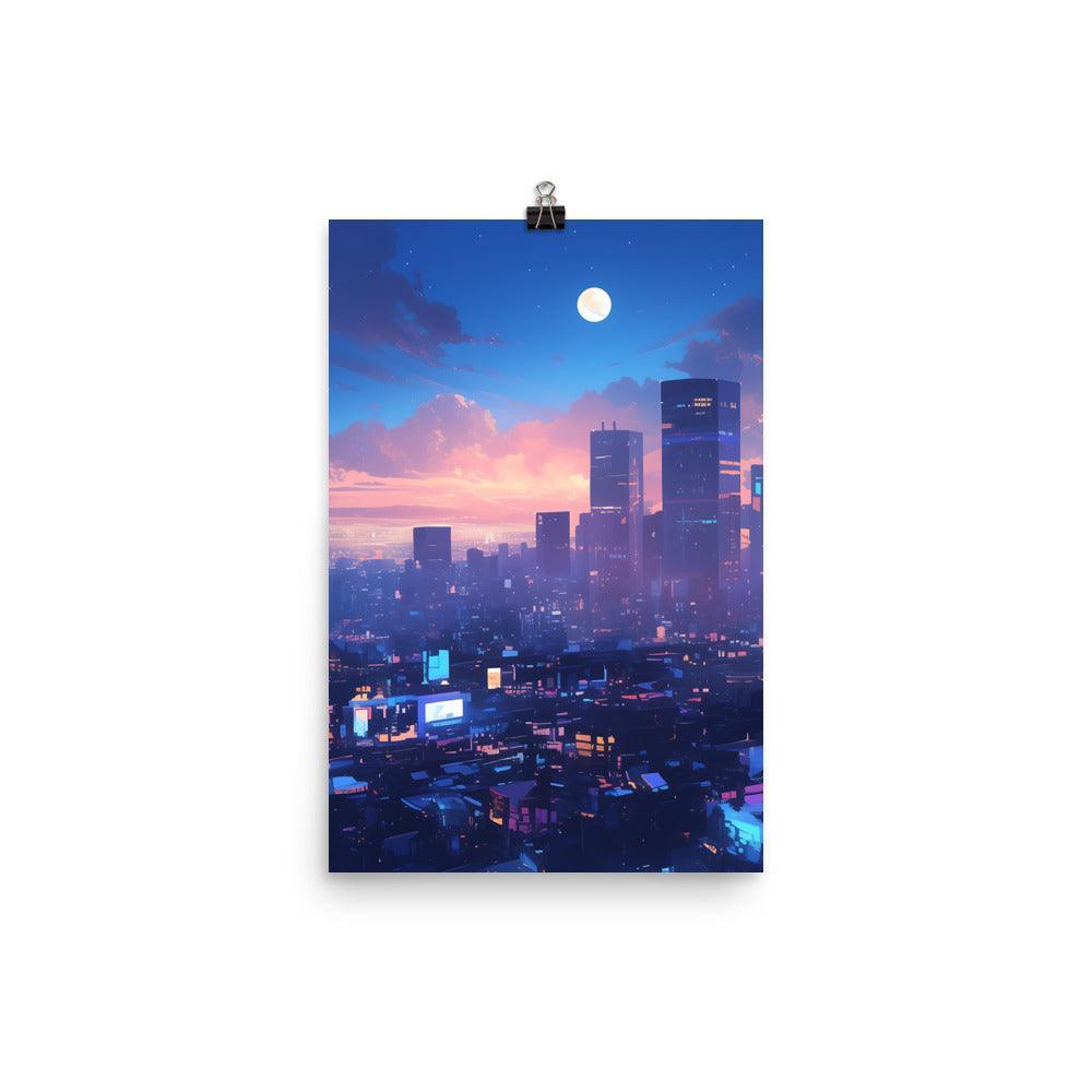 Illuminated City Skyline at Twilight with Full Moon and Vibrant Colors Art Poster - Oh Posters