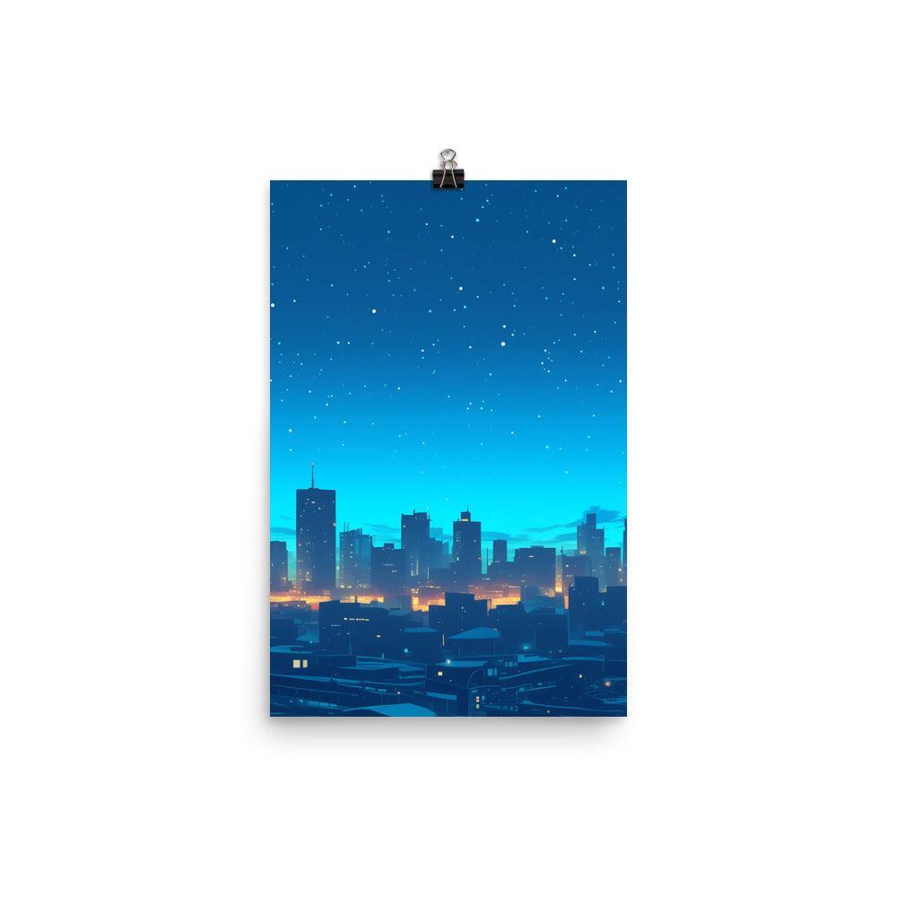 Starry Night Over City with Skyline Lights Calm Blue Atmosphere Art Poster - Oh Posters