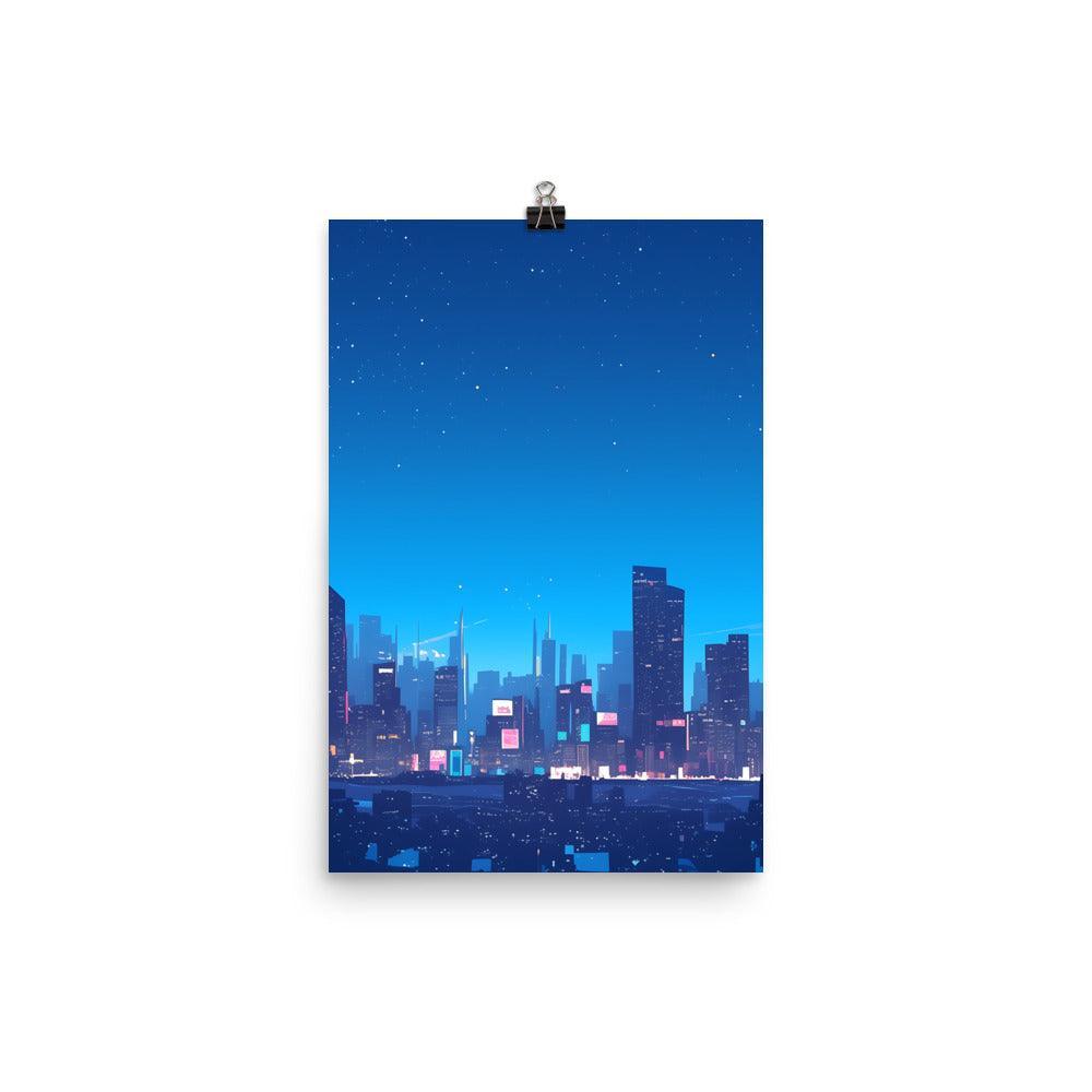 Bright City Skyline with Stars and Reflections Clean Digital Illustration Poster - Oh Posters