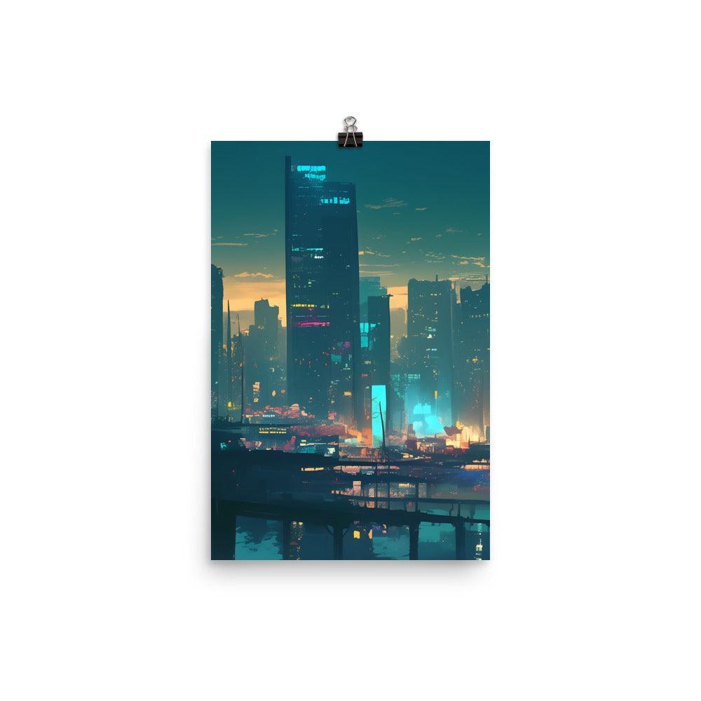 Evening Skyline with Skyscrapers and Warm Glow Futuristic Digital Art Poster - Oh Posters