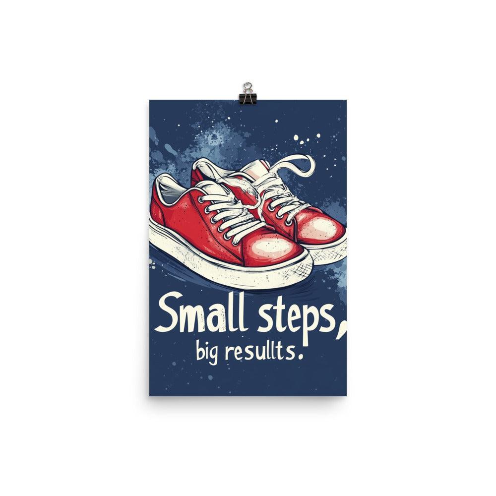 Small Steps Big Results Red Sneakers on Blue Background Poster - Oh Posters