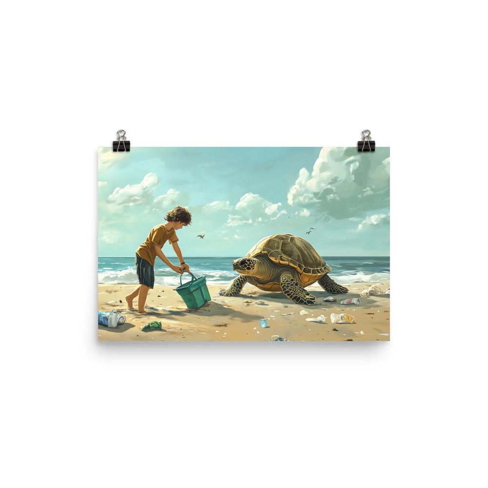 Beach Cleanup Turtle and Kid Inspiring Coastal Conservation Art Poster - Oh Posters