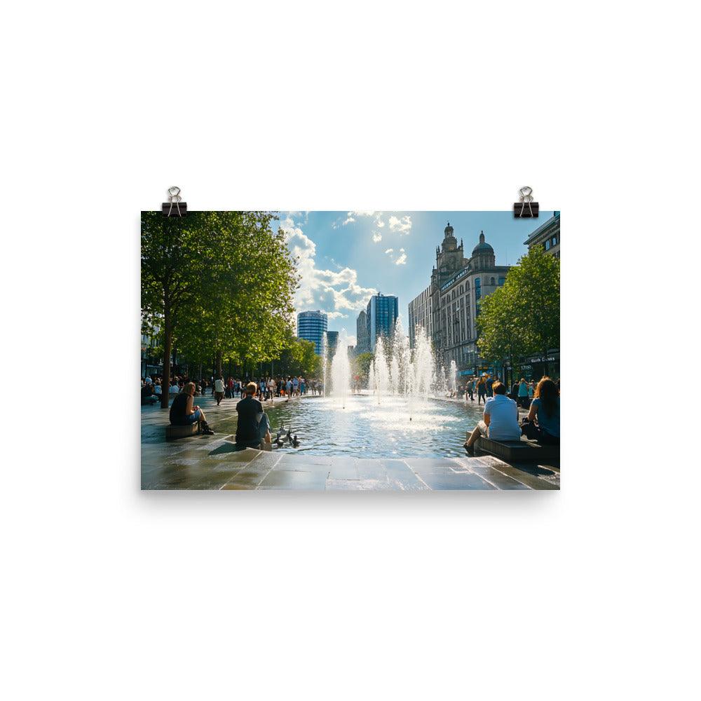 Manchester Skyline Urban Relaxation with Fountain and City Vibes Poster - Oh Posters