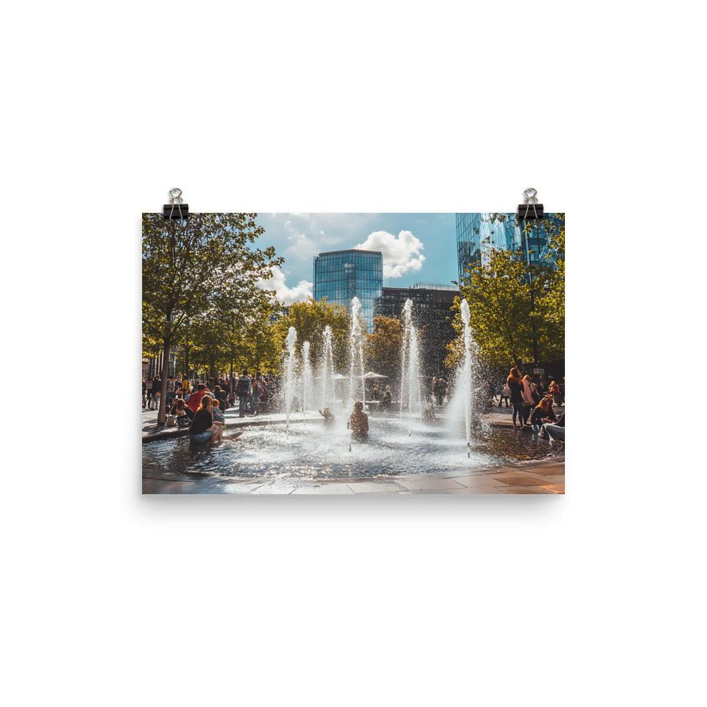 Vibrant Manchester Cityscape with Fountains and Urban Charm Poster - Oh Posters