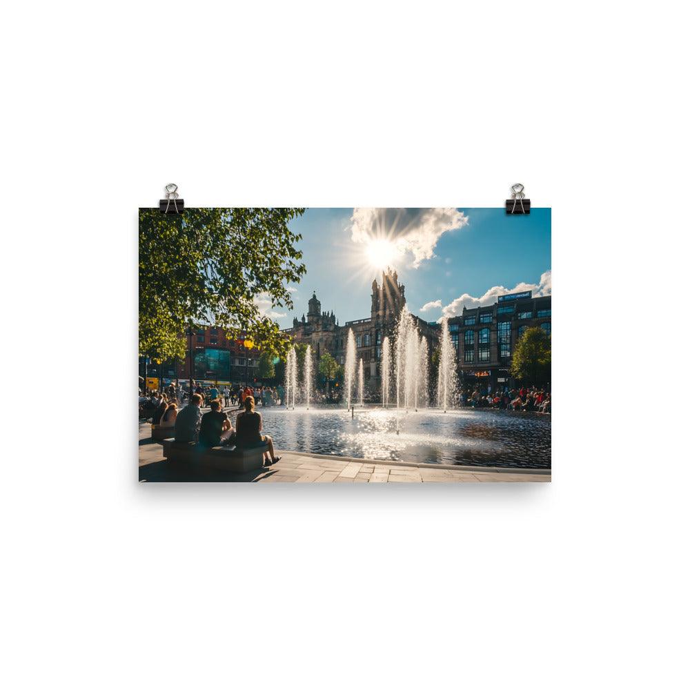 Manchester Cityscape Sunlit Fountains Afternoon Poster - Oh Posters