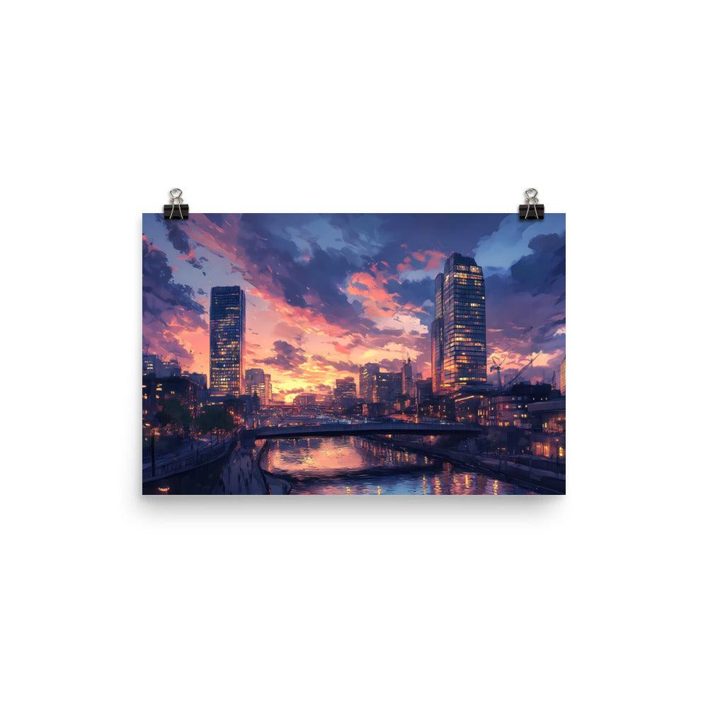 Manchester Skyline at Sunset Reflection Over River Urban Cityscape Poster - Oh Posters