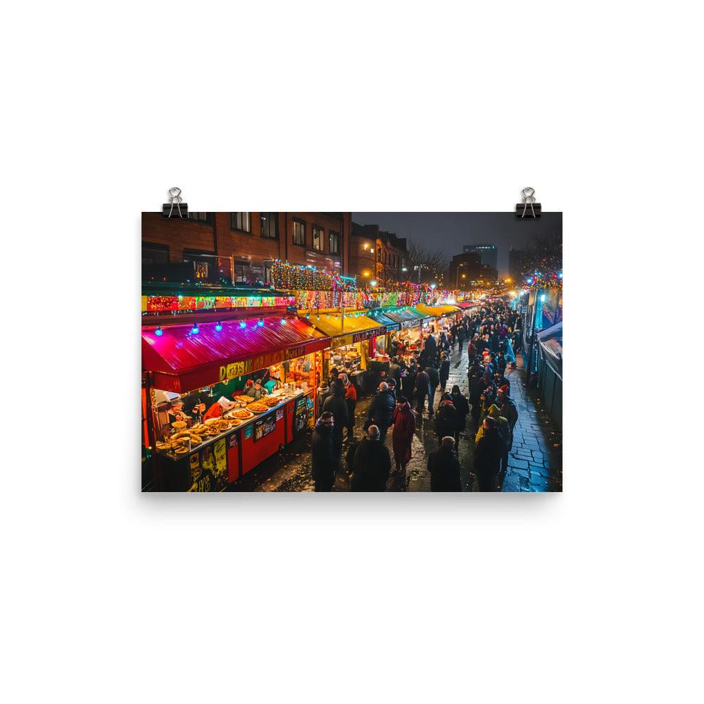 Vibrant Manchester Night Market Scene Poster - Oh Posters