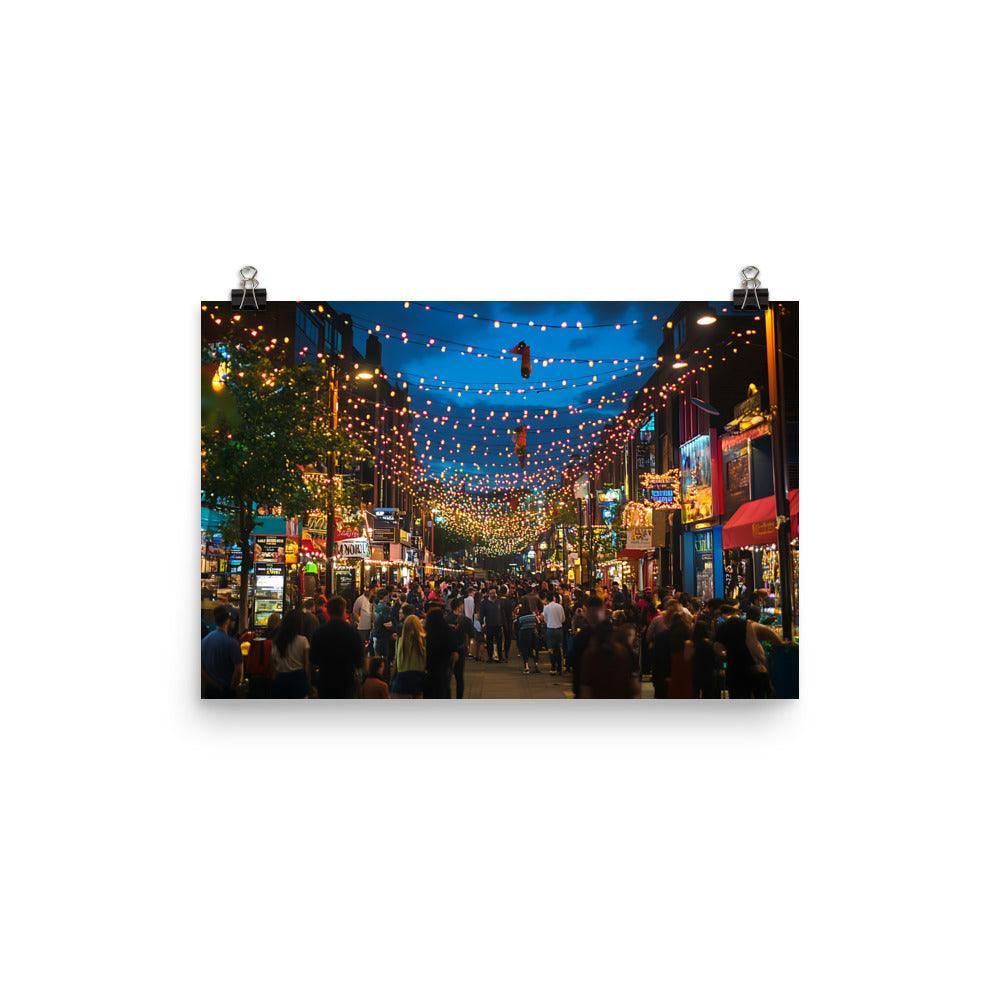 Manchester City Nightlife Street View with Festive Lights Poster - Oh Posters