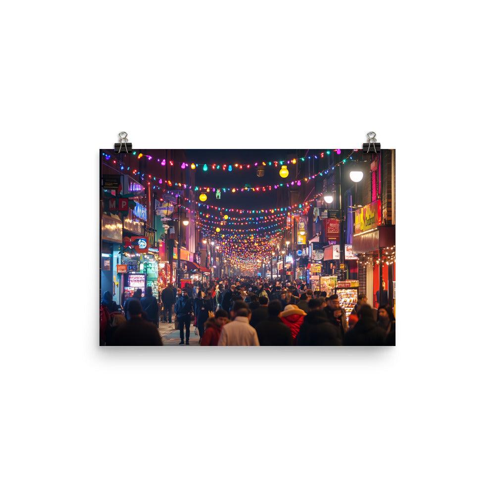 Manchester Nightlife Vibrant Streets Lights and Crowds Poster - Oh Posters